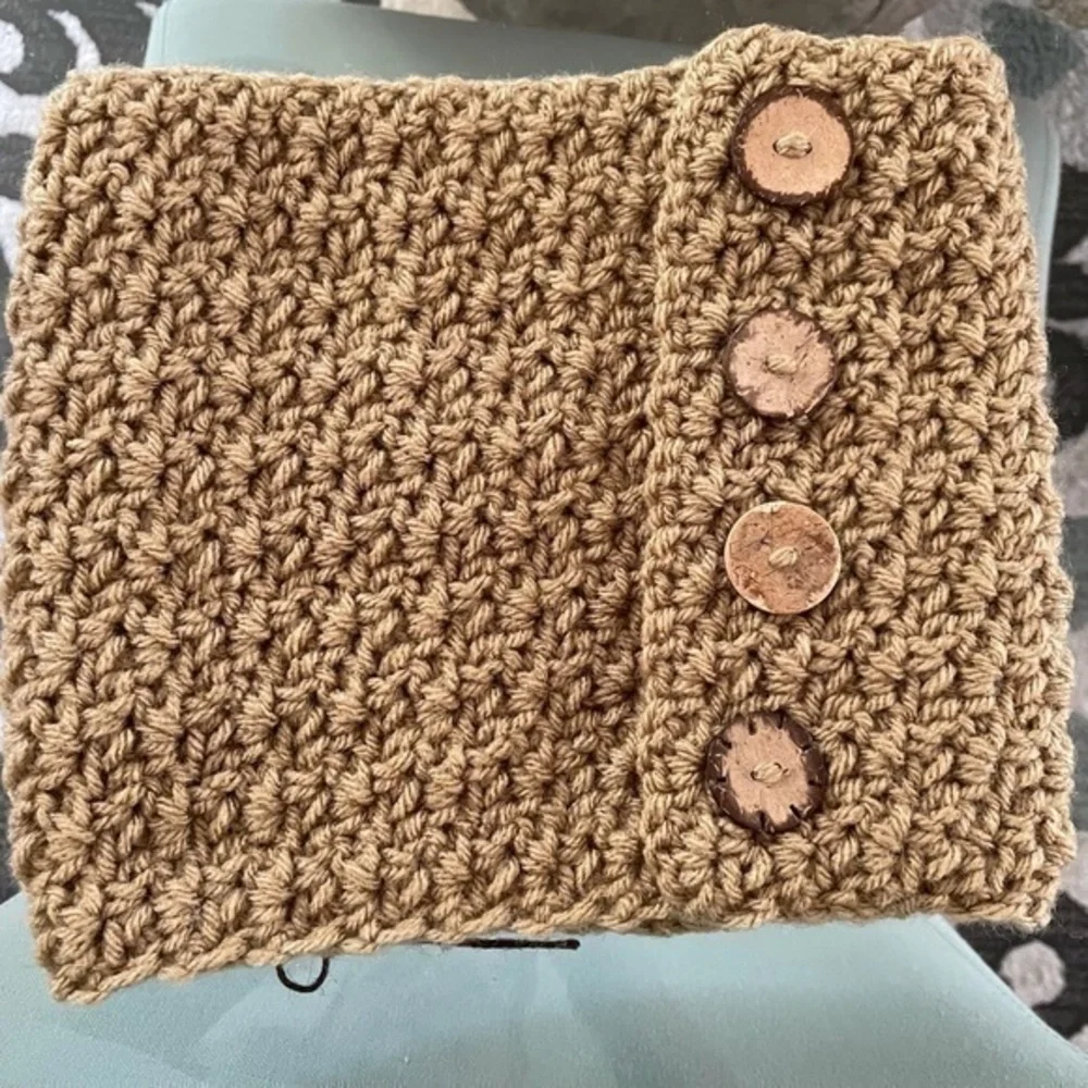 Handmade Salted Caramel Taupe Cowl Statement Scarf Button Accent Knit Crochet